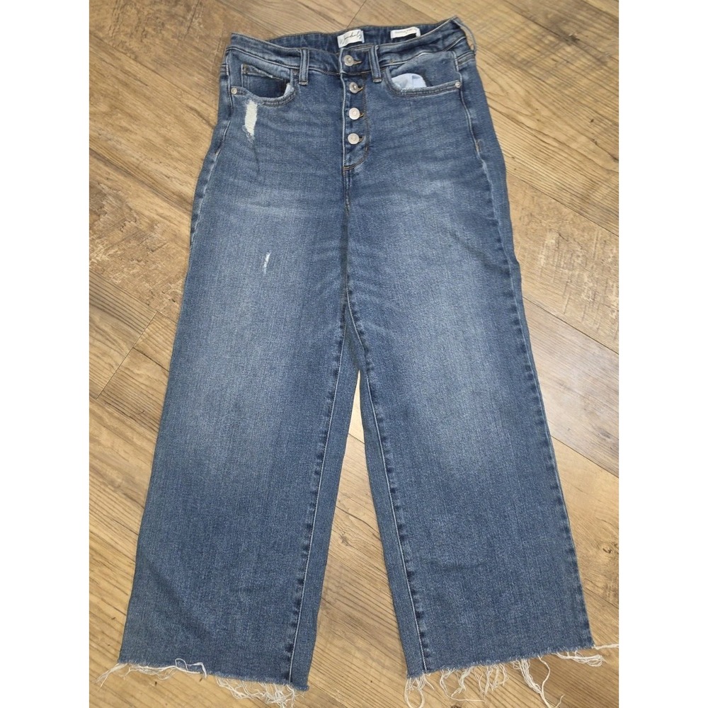 Wonderly Womens Blue Button Up Cropped Wide Leg Jeans Raw Hem Distressed Sz 8x24